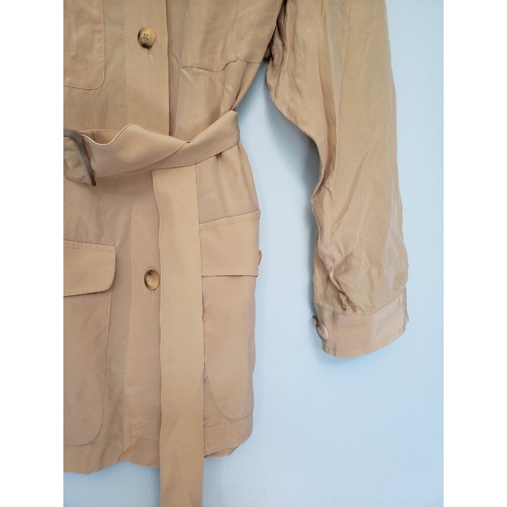 Liz Claiborne Womens Petite 10 Shirt Shacket Button Front Tan Belted 100% Silk - Picture 3 of 6